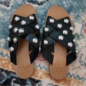 Marc Fisher LTD Raidan Black Chunky Silver Studded Flat Slide Sandals Size 9.5